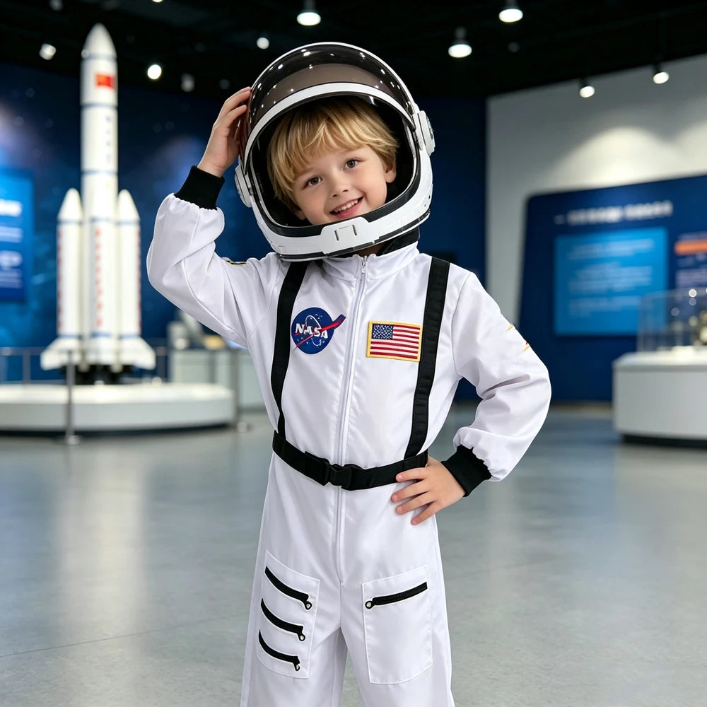 New Children White Black Trim Astronaut Costume Replica Flight Jumpsuit Unisex Kid Spaceman Uniform Halloween Cosplay Outfit