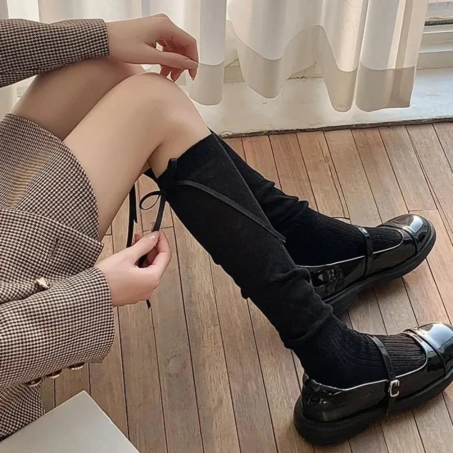 1/2/5 Pairs Lolita Long Socks Women Summer Ultra Thin Breathable Bandage Ribbon Bow Sweet Girls JK Style Black White Stockings
