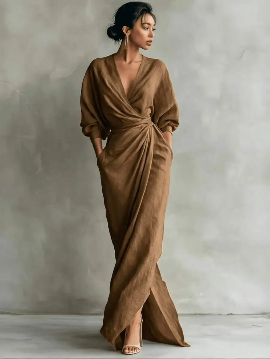 Women V-Neck Solid Cotton Maxi Dress With Draped Detail
