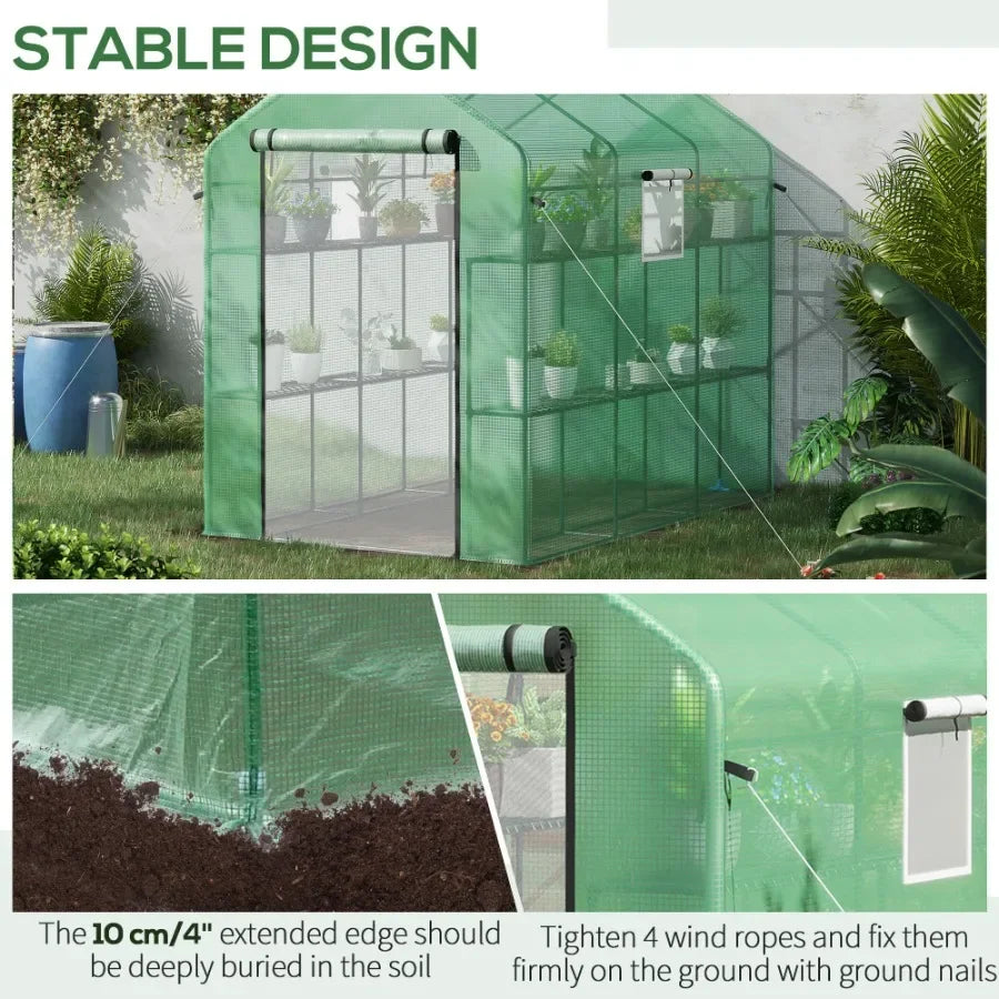 Outdoor walk-in greenhouse 7' x 5' x 6' with UV-protective green polyethylene cover, steel frame, mesh door and windows, includ