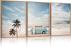 Set of 3 Framed Coastal Seaside Canvas Wall Art Prints 16 X 24 Inch Each, Blue Sky Palm Tree Surfboard Summer Van Bus Ocean Beach Artwork for Living Room Bedroom Dining Room Indoor Wall Decor