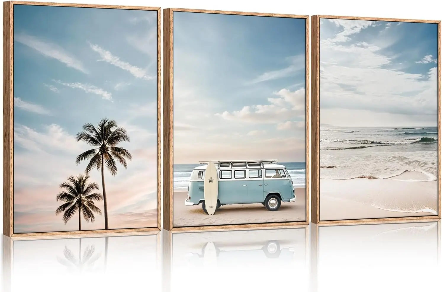 Set of 3 Framed Coastal Seaside Canvas Wall Art Prints 16 X 24 Inch Each, Blue Sky Palm Tree Surfboard Summer Van Bus Ocean Beach Artwork for Living Room Bedroom Dining Room Indoor Wall Decor