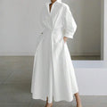 White V-Neck Long Sleeve Loose A-Line Shirt Dress Women Casual Elegant Midi