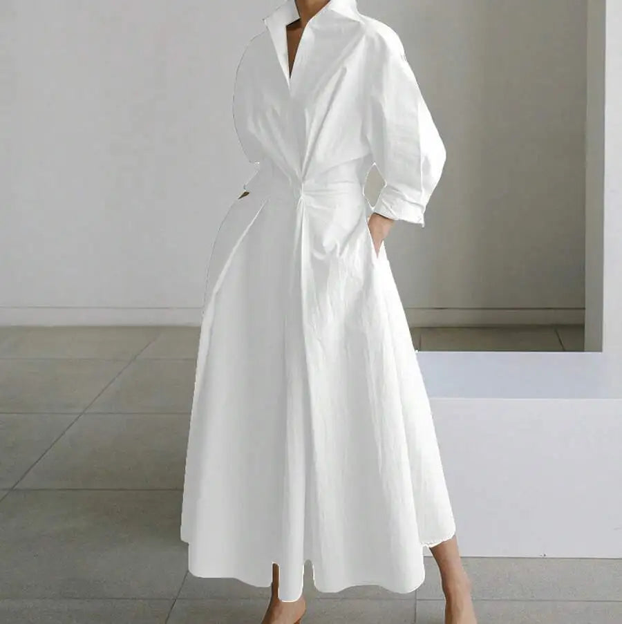 White V-Neck Long Sleeve Loose A-Line Shirt Dress Women Casual Elegant Midi