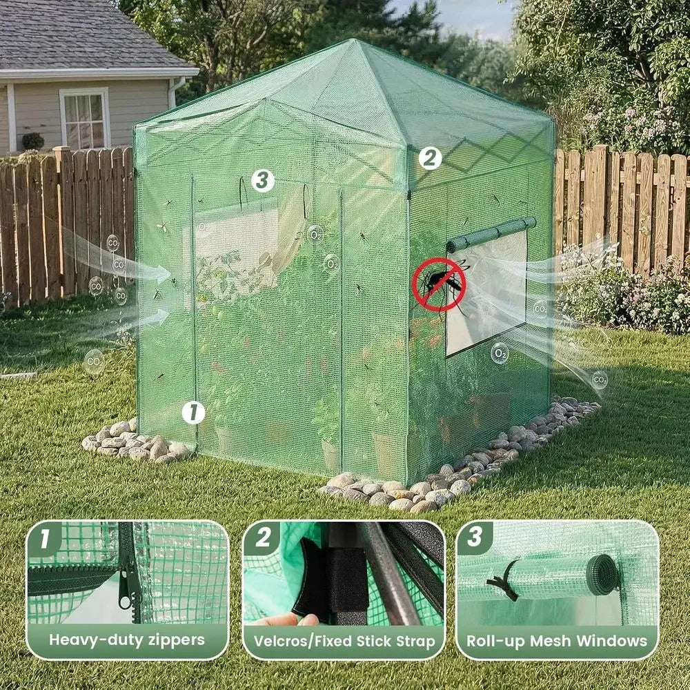 Portable 8x6 Greenhouse for Outdoor Gardening with Steel Frame, PE Cover, Roll-Up Door, and Mesh Vent Windows - Green