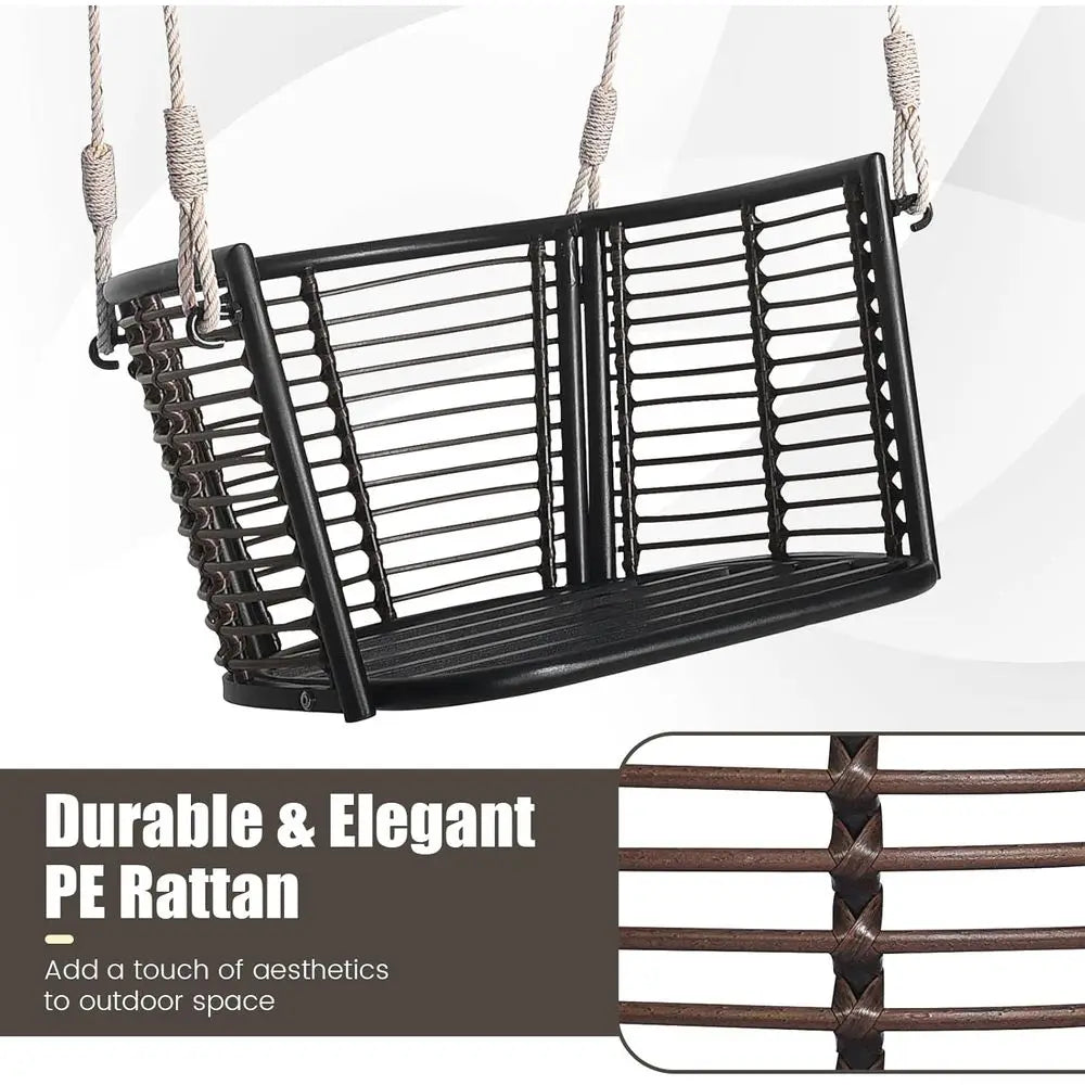 1-Person Outdoor Hanging Porch Swing with Cushions, Rattan Backrest, Metal Frame, 2 Ropes, Up to 400 lbs, Beige