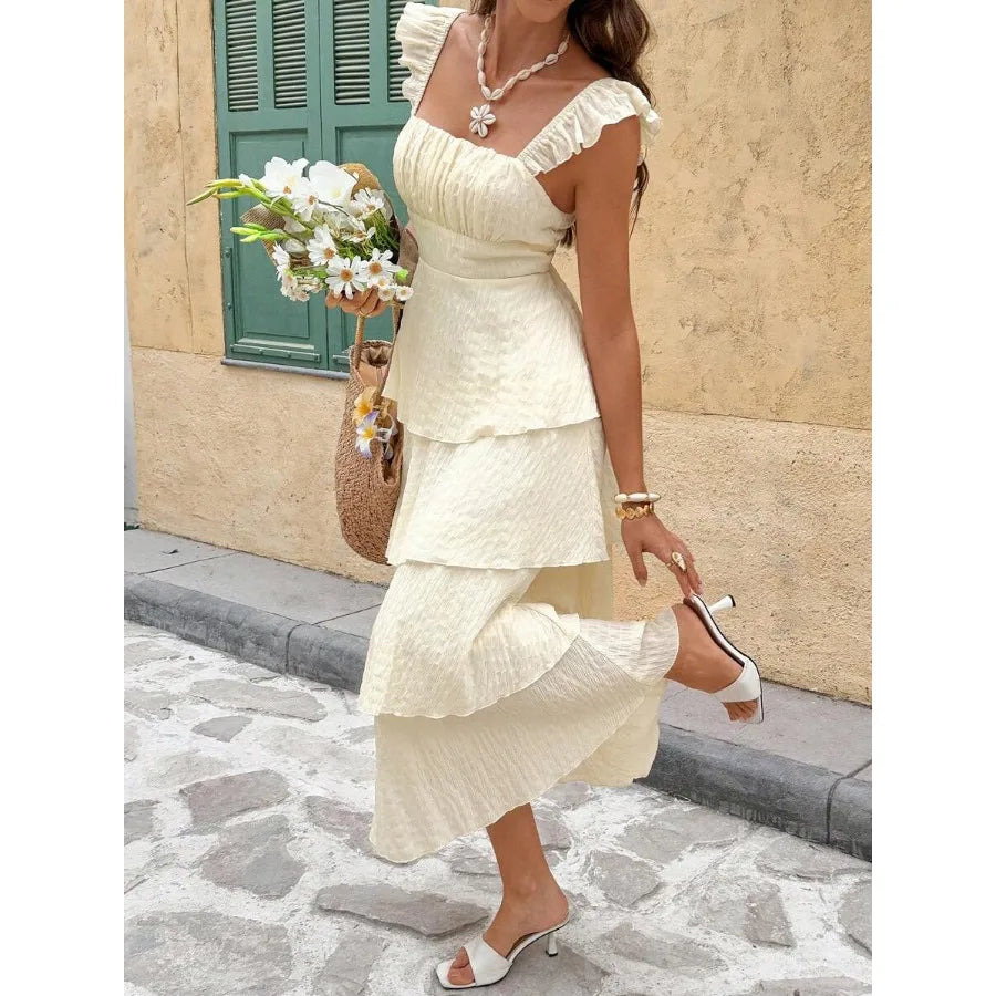 Women's French Elegant Cream White Summer Pleated Dress,Small Flying Sleeves Tropical Vacation Holiday Sundress,Tea Party Weddin