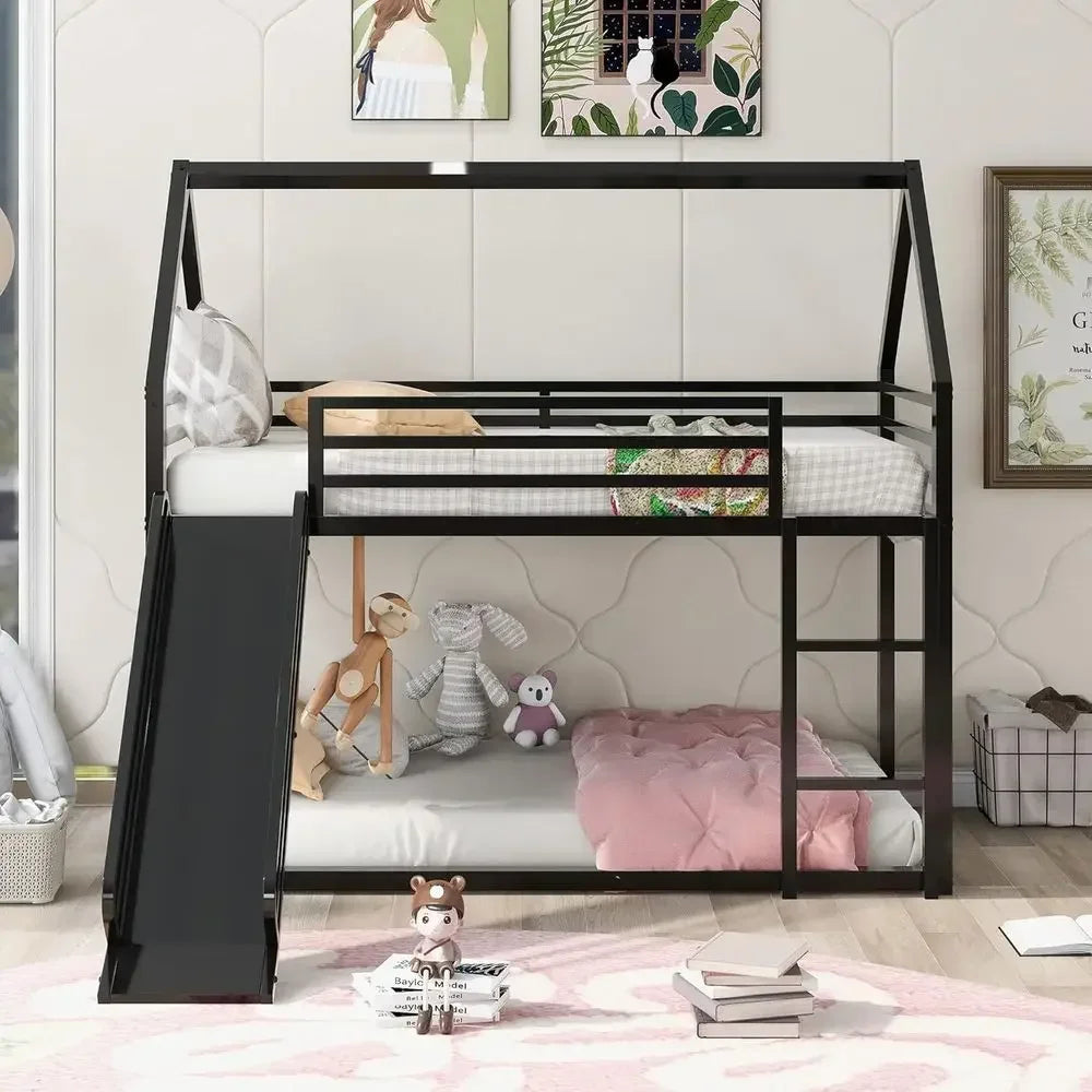 Twin Over Twin Bunk Bed with Slide and Ladder, Metal Frame for Kids, Black