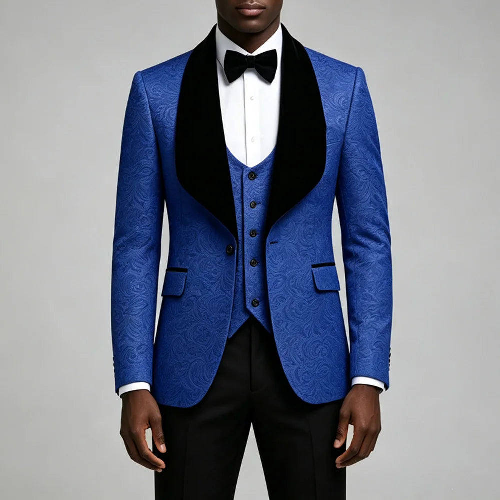 Men Light Blue Jacquard Tuxedo 3 Piece Suit Shawl Black Lapel Slim Fit Blazer Vest Pants Set Wedding Groom Prom Dinner Party Formal Mens Suit