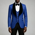 Men Light Blue Jacquard Tuxedo 3 Piece Suit Shawl Black Lapel Slim Fit Blazer Vest Pants Set Wedding Groom Prom Dinner Party Formal Mens Suit