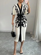 Office Ladies Office A-line Dress 2025 New Summer Half Sleeves Flower Print Printed Tied Waist V-Neck Women's Midi Dresses