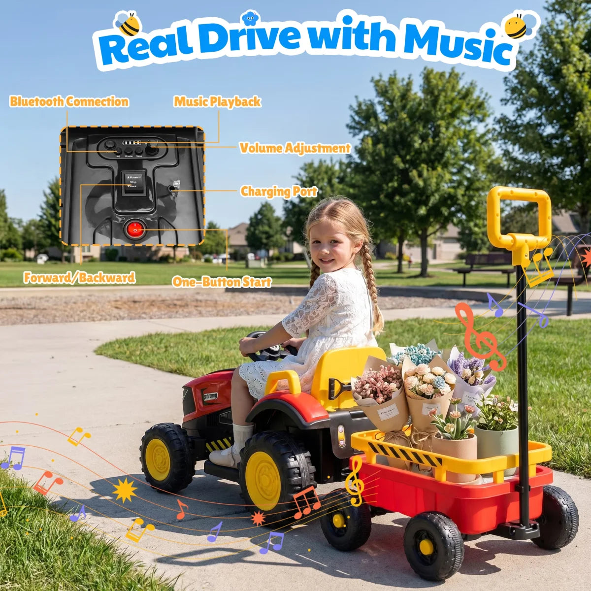 12V Kids Electric Ride On Tractor With Removable Trailer, Remote Control & Manual Drive 2 Modes, Bluetooth Music LED Light, Children Farm Ride‑on Car Toy Gift for Kids Boys Girls