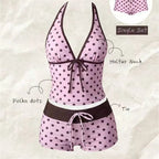 Kawaii Pink Dot Bikini Shorts Bowknot Halter Backless Swimsuit Deep V Swimwear Women's Bikinis and Tankinis Vacation Outfit Sets