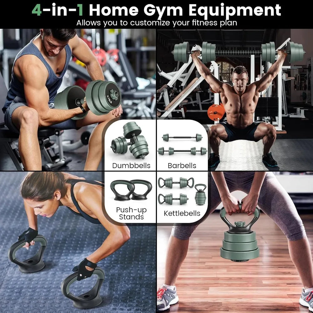 Adjustable 4-in-1 Free Weight Set: Dumbbells, Barbells, Kettlebells, Push-up Stands for Home Gym Workout