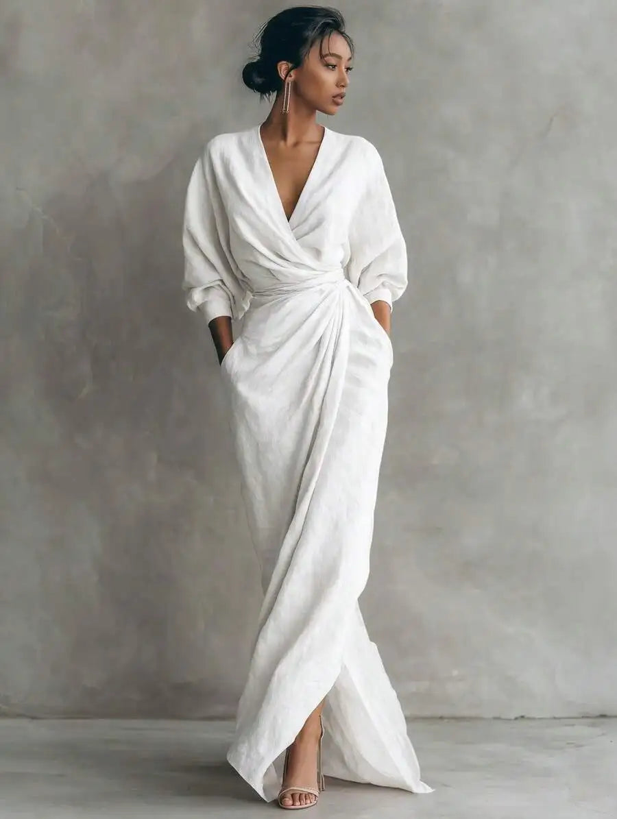 Elegant Solid Color V Neck Long Sleeve Wrap Midi Dress With Side Slit For Women