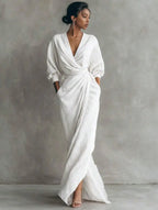 Elegant Solid Color V Neck Long Sleeve Wrap Midi Dress With Side Slit For Women