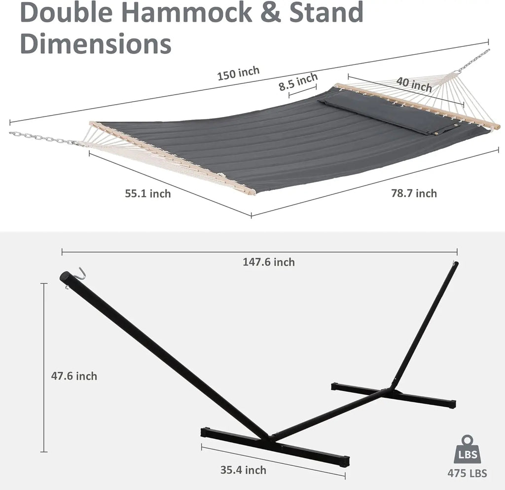 Outdoor Use, 2 Person Heavy Duty Portable Hammock with Stand, 475 lbs Capacity, Dark Grey Color