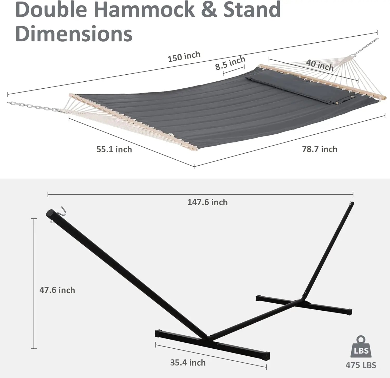 Outdoor Use, 2 Person Heavy Duty Portable Hammock with Stand, 475 lbs Capacity, Dark Grey Color