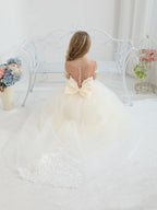 Champagne Flower Girl Dress Long Sleeve Lace Tulle Ball Gown with Bow Back Train Pageant Party Dress