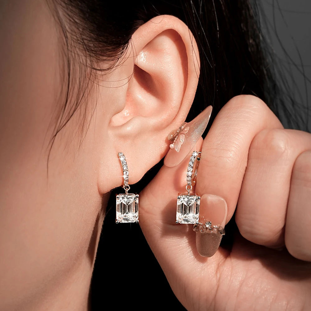 OXTAO Drop Earrings Necklace Jewelry Set D VVS1 with Certified Emerald Cut Moissanite Pendant Necklace for Women Luxury Anniversary Gift