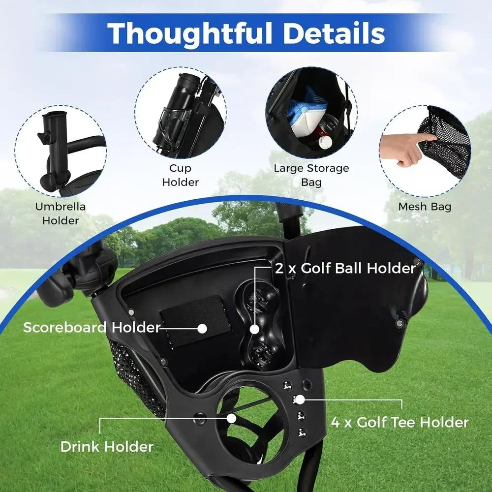 Portable 3-Wheel Golf Cart with Adjustable Seat, Trolley Bag, Scorecard, Umbrella, and Cup Holders, Storage, and Foot Brake