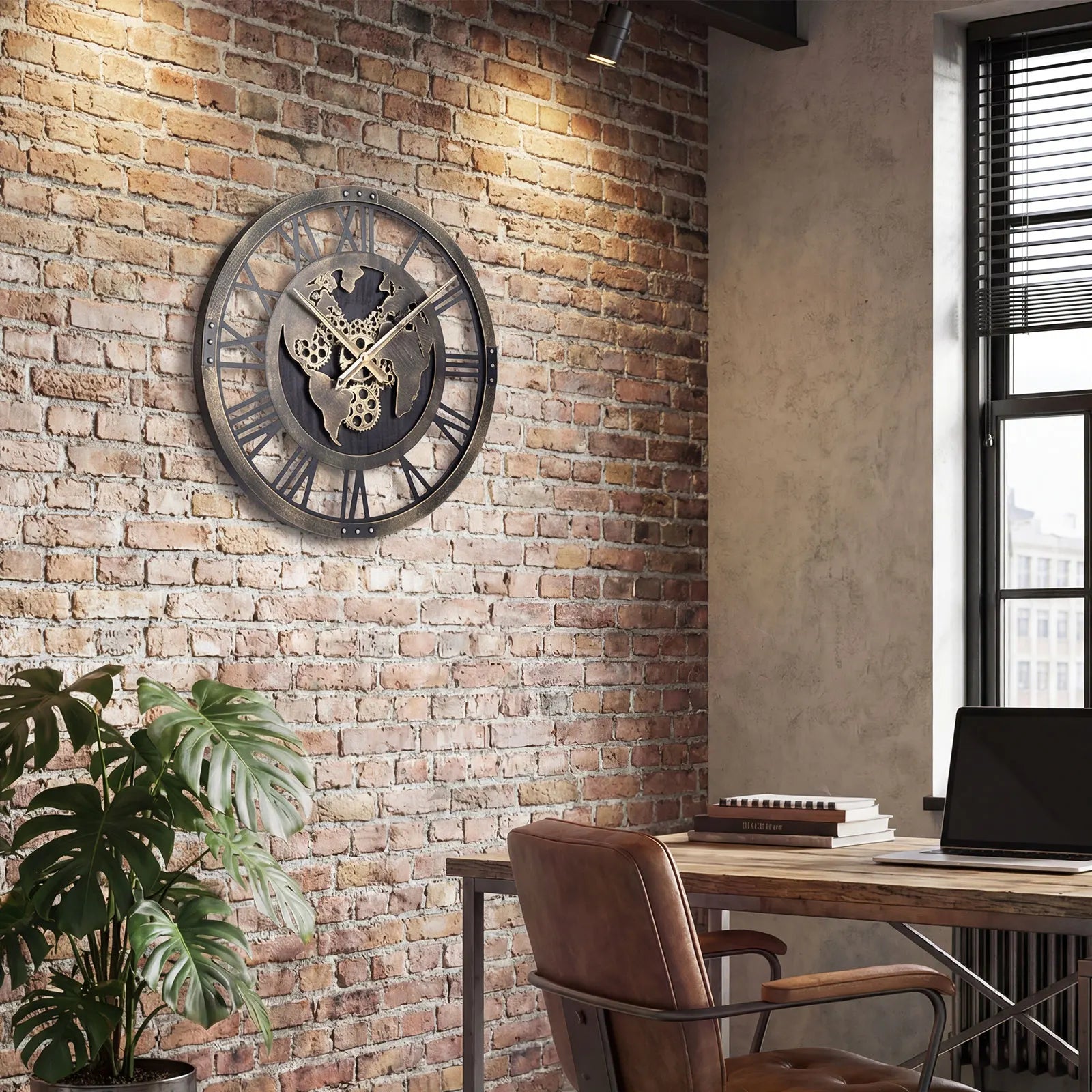 Large Wall Clock, 27” Gear Clock w/ World Map, Non-Ticking Decorative Metal Clock
