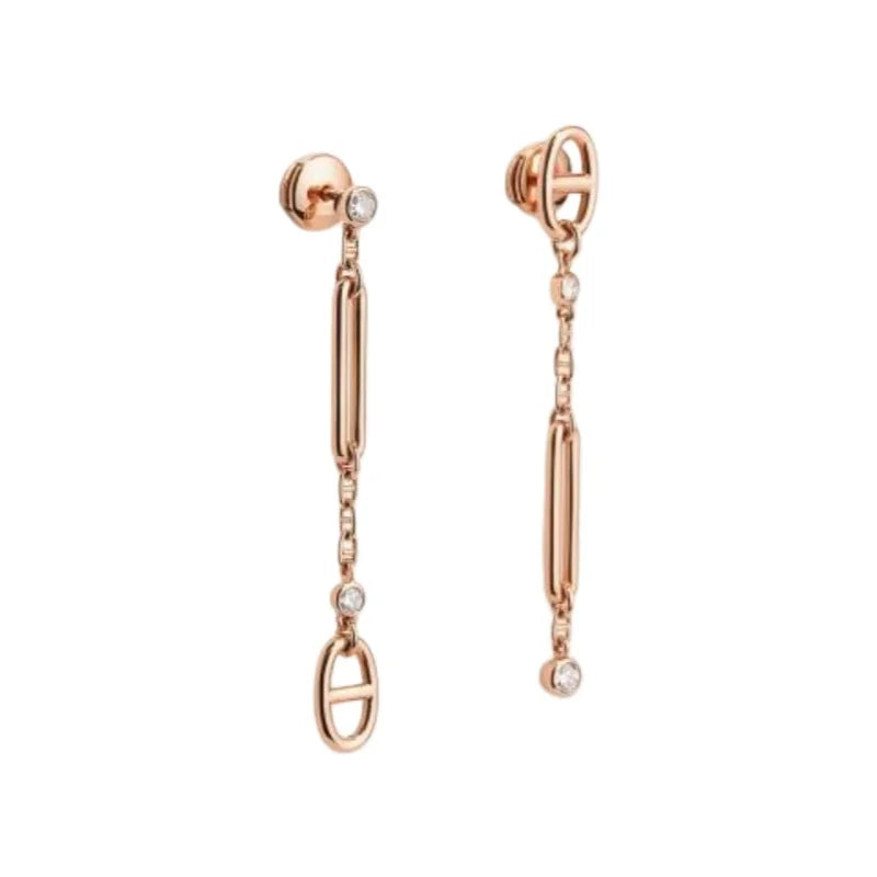 Rose Gold Plated Oval Link & Bar Chain Drop Earrings with Bezel CZ & Asymmetric Dangle Design