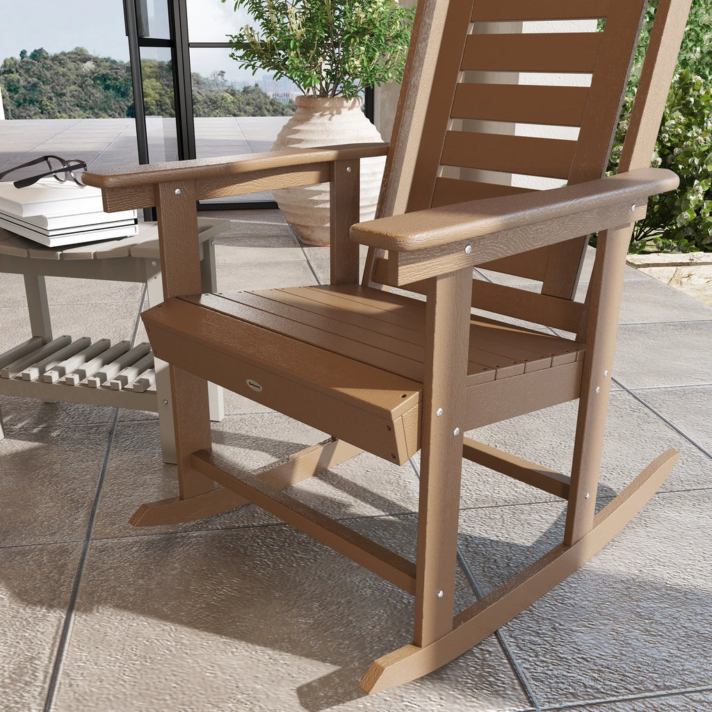 2 Outdoor Rocking Chairs, HDPE High Back Patio Rockers, Brown
