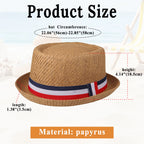 Red, white, and blue striped straw hat with rolled brim and decorative ribbon; retro casual jazz hat; unisex summer sun hat.