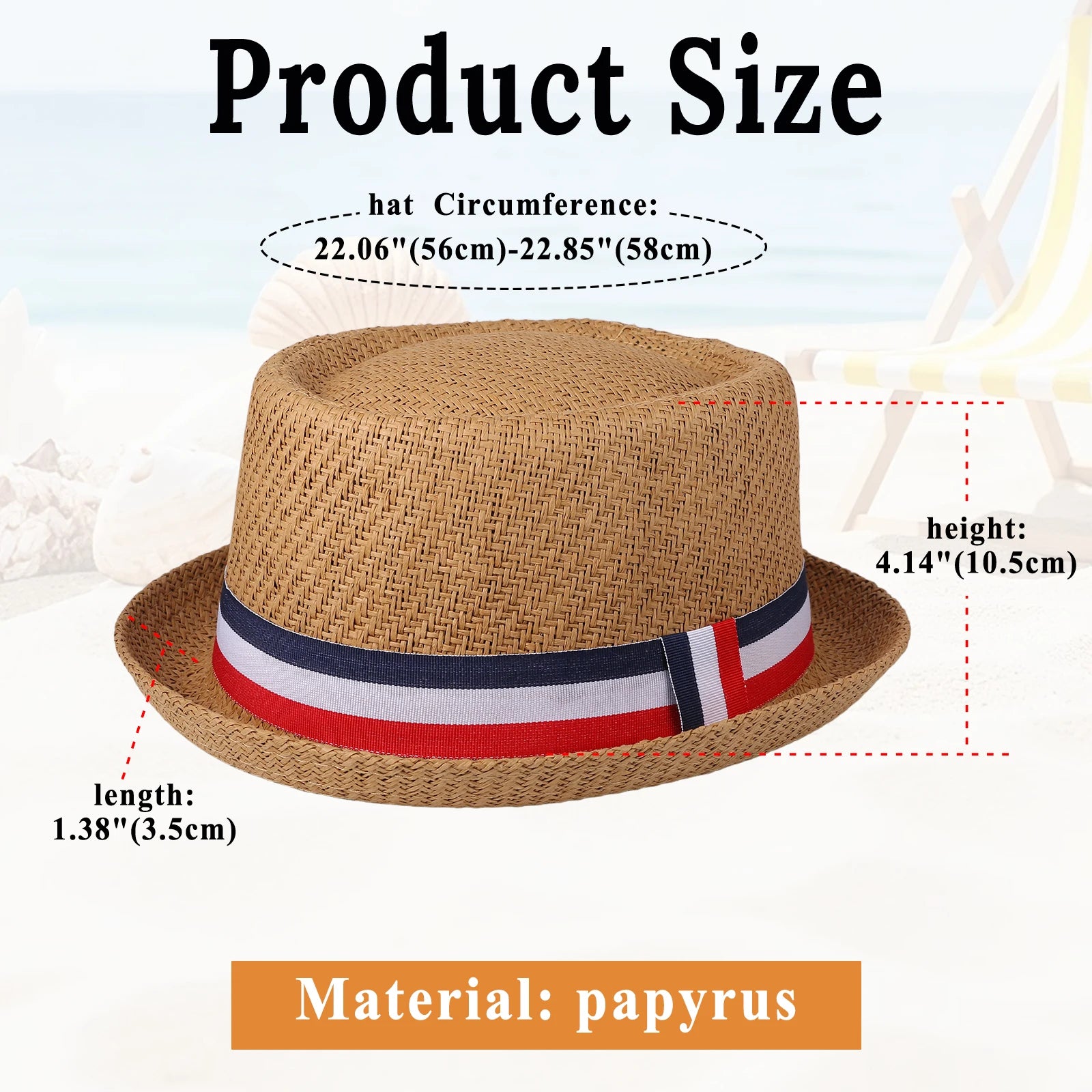 Red, white, and blue striped straw hat with rolled brim and decorative ribbon; retro casual jazz hat; unisex summer sun hat.