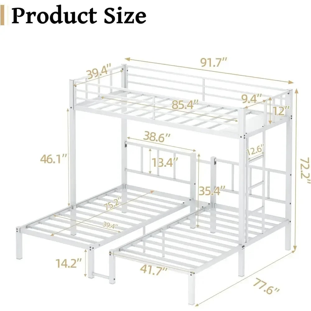 Sturdy Triple Bunk Bed - 3 Twin Beds with Railings & Ladder, Metal Frame, Suitable for Teens & Adults, White