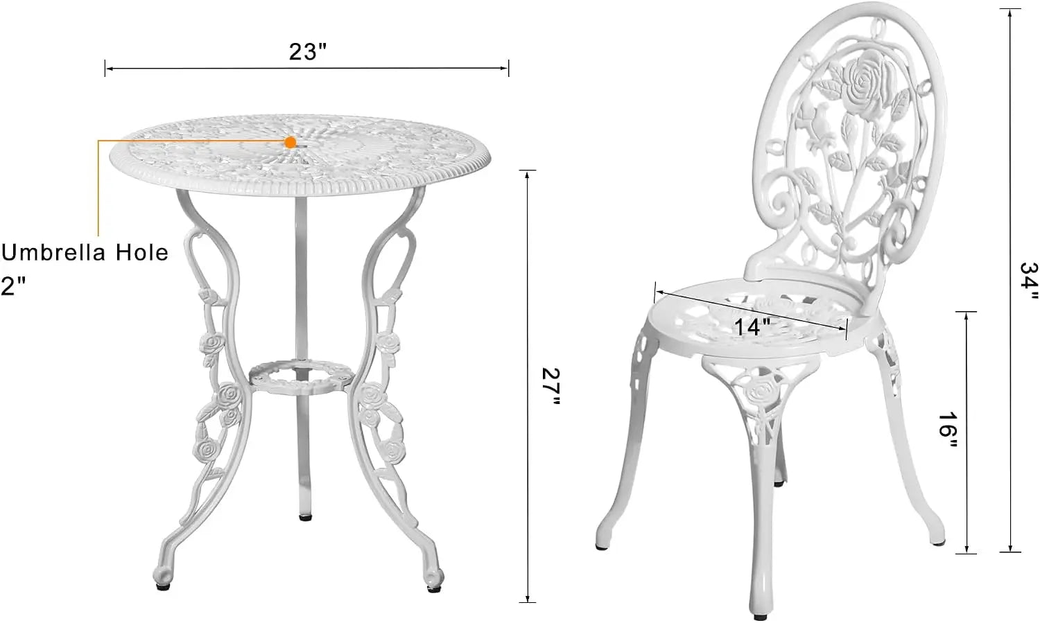 Outdoor Patio Bistro Set 3 Piece Cast Aluminum Rose Pattern Table And Chairs Durable All Weather Rust Resistant Garden Balcony Deck Furniture Rose White