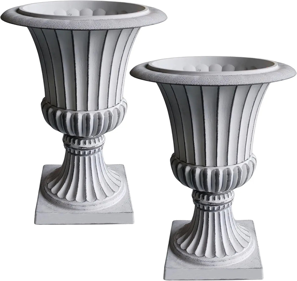 Tall Pedestal Planters Set Stone Resin Outdoor Garden Urns Front Porch Entryway Deck Patio Plant Pots Flower Container Stand Decor White 2 Pack