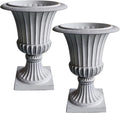 Tall Pedestal Planters Set Stone Resin Outdoor Garden Urns Front Porch Entryway Deck Patio Plant Pots Flower Container Stand Decor White 2 Pack