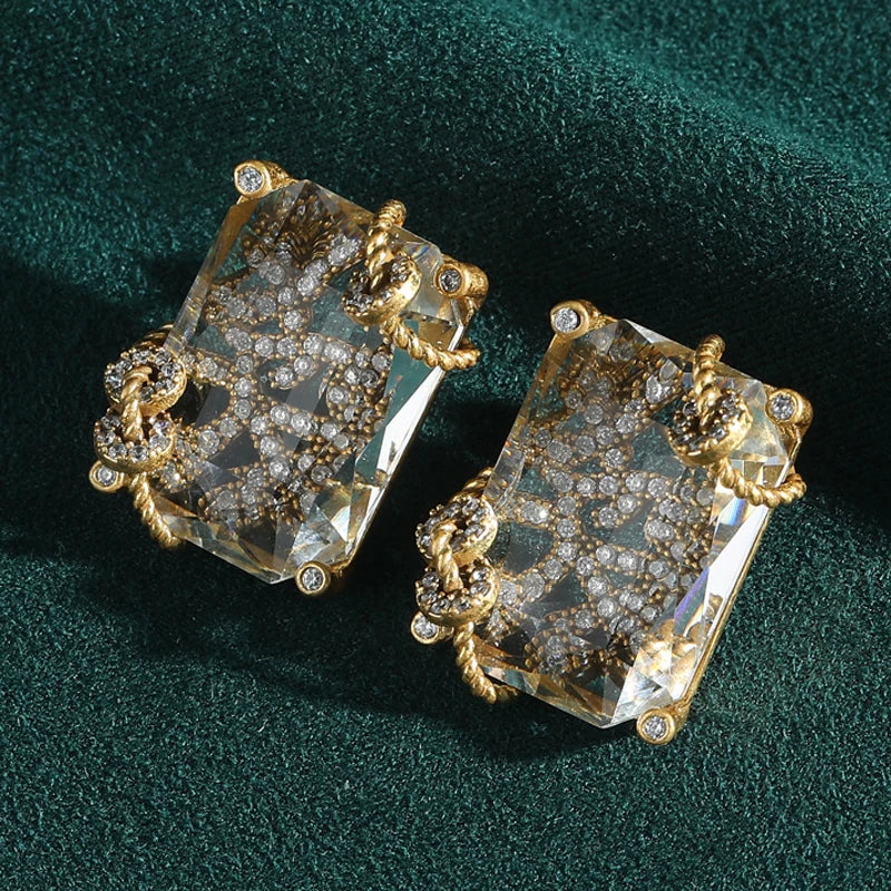 Vintage Jewelry Transparent Square Glass Stud Earrings Rhinestones Luxury Designer Winding Gold Color High Quality Accessories