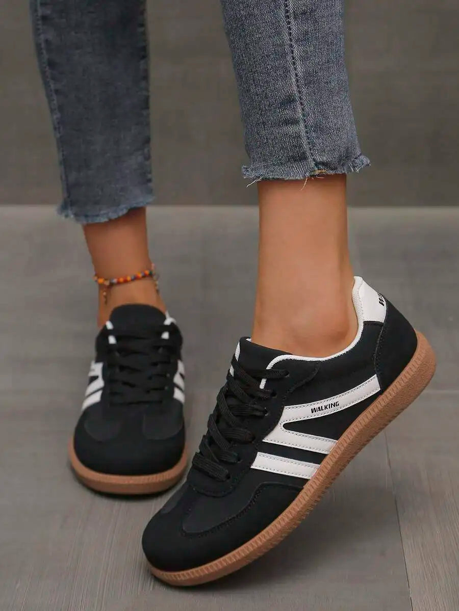 Womens Pink Casual Flat Sneakers With White Stripes Comfortable Lace-Up Shoes For Spring Summer