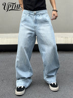 UP.THE Y2K Vintage Men's Wide Leg Loose Blue Jeans, Comfortable Versatile Baggy Denim Trousers for Office, Commute & Street Wear