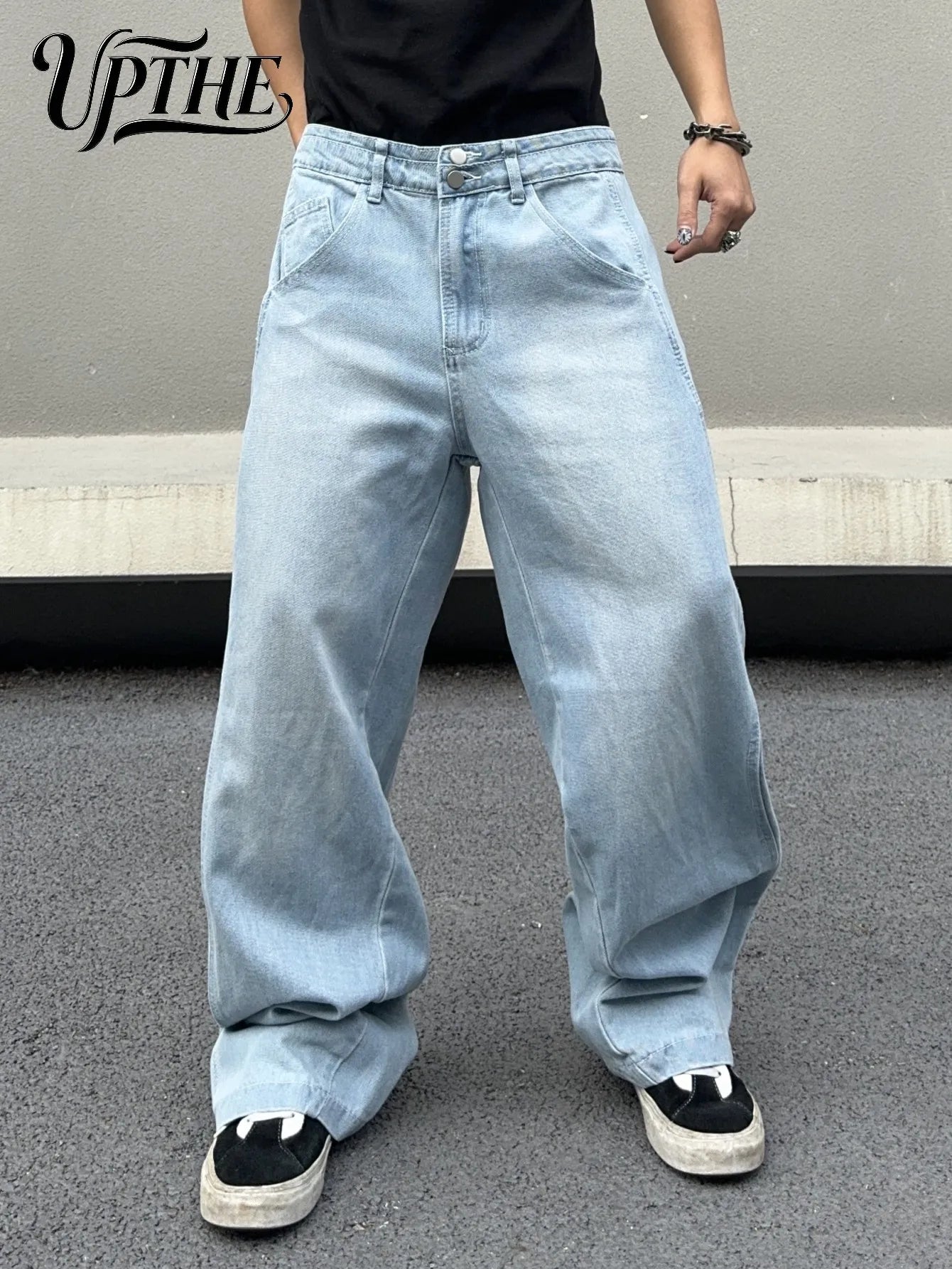 UP.THE Y2K Vintage Men's Wide Leg Loose Blue Jeans, Comfortable Versatile Baggy Denim Trousers for Office, Commute & Street Wear