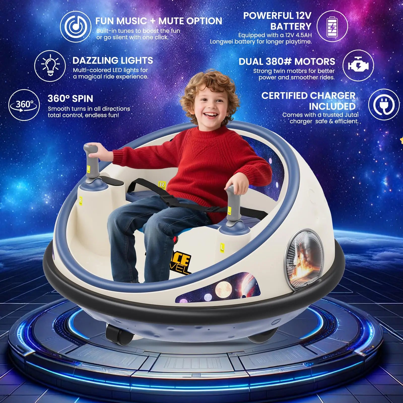 12V Kids Electric Bumper Car With Remote Control, 360° Spin, LED Light, Soft Bumpers, Rechargeable Ride-On Toy For Indoor Outdoor