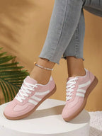 Womens Pink Casual Flat Sneakers With White Stripes Comfortable Lace-Up Shoes For Spring Summer