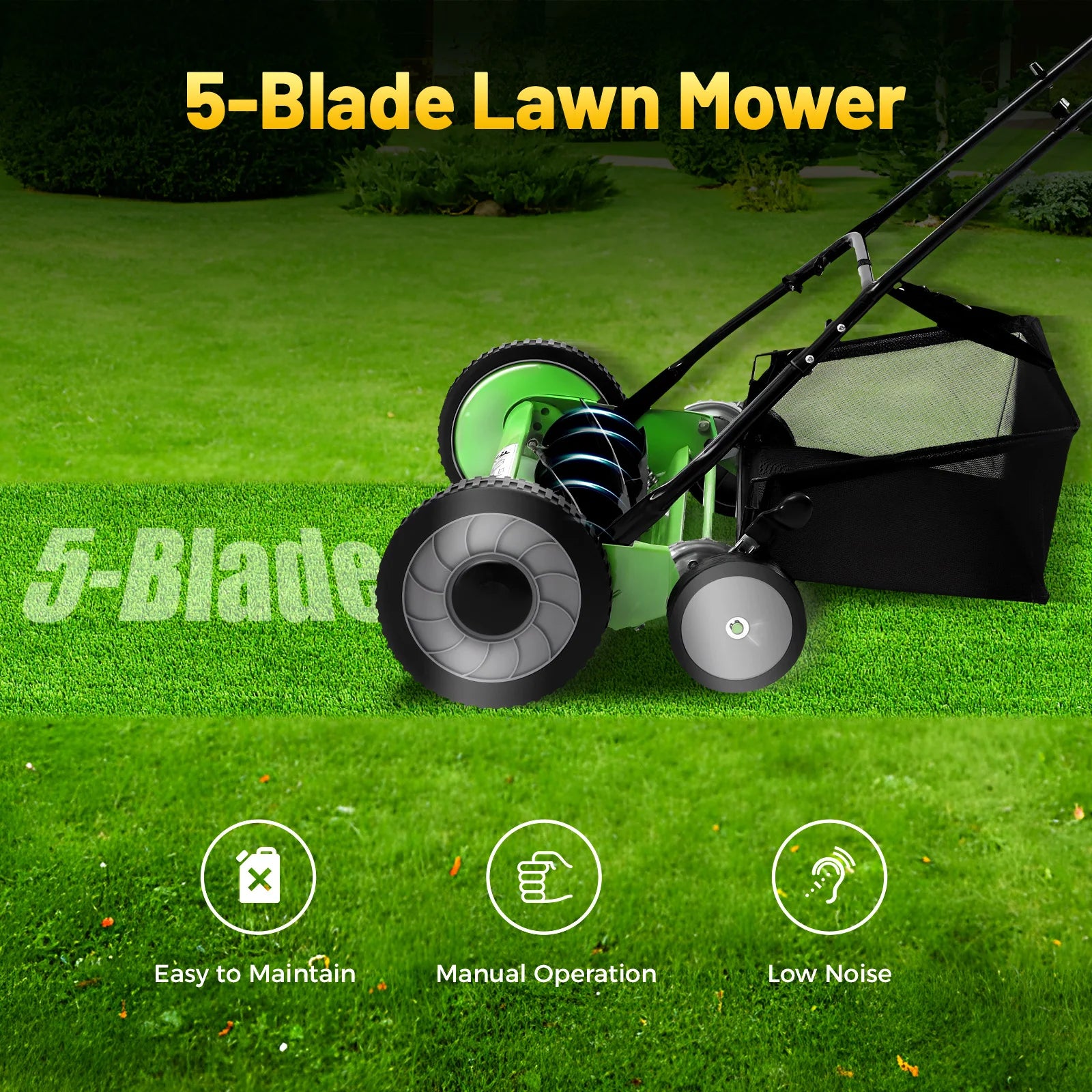 20 Inch 5-Blade Push Reel Lawn Mower with Grass Catcher Manual Push Mower with Adjustable Cutting Height 2.5 Inch Max, 4 Wheels Reel Mower for Small Area Yards (20 Inch)