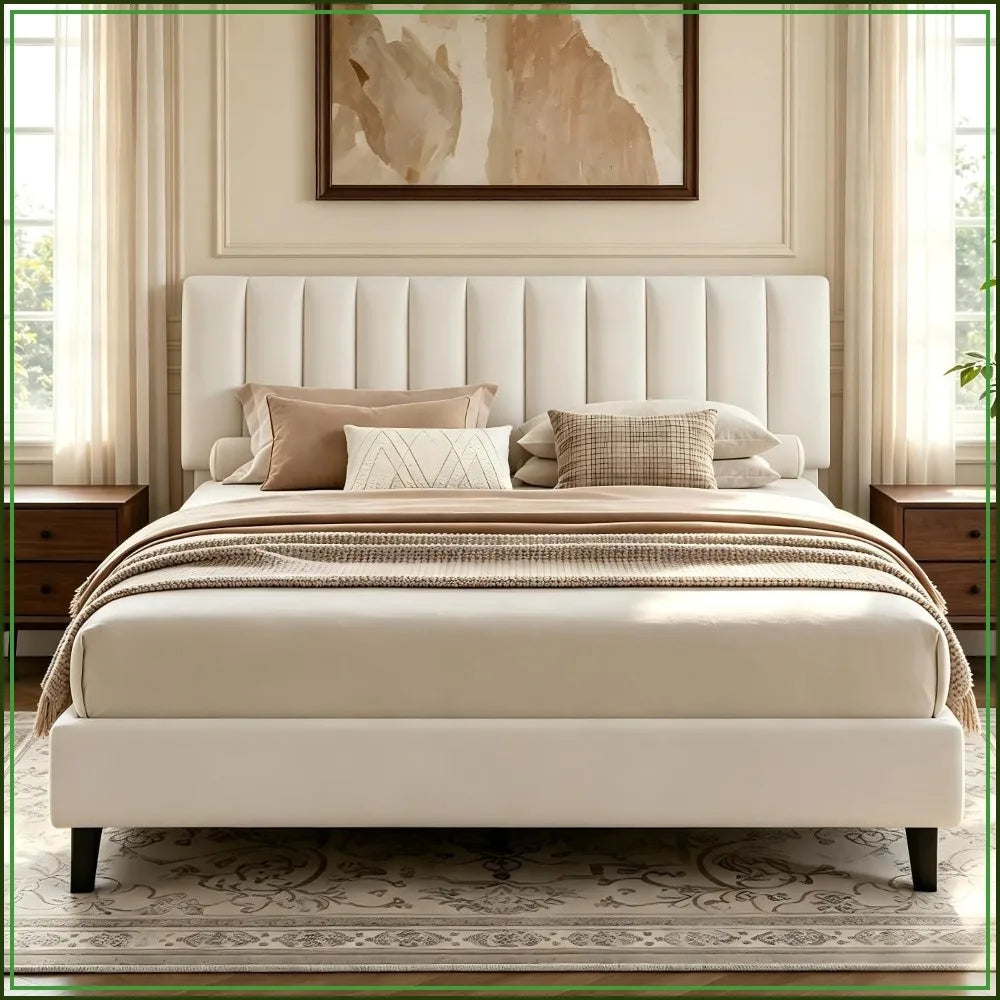 Queen Size Platform Bed Frame with Upholstered Headboard, Velvet, Height Adjustable, No Box Spring Needed, Easy Assembly