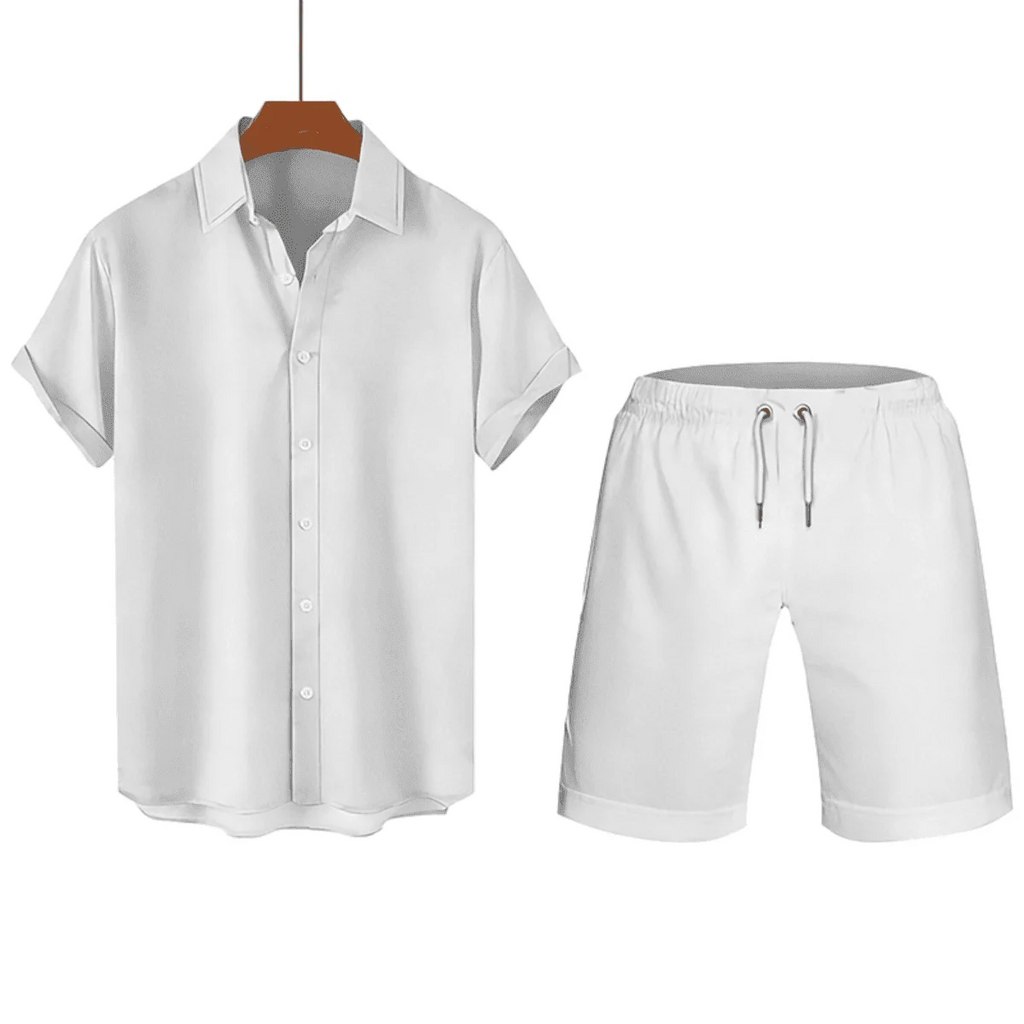 Mens White Short Sleeve Shirt And Shorts Set Casual Summer Outfit