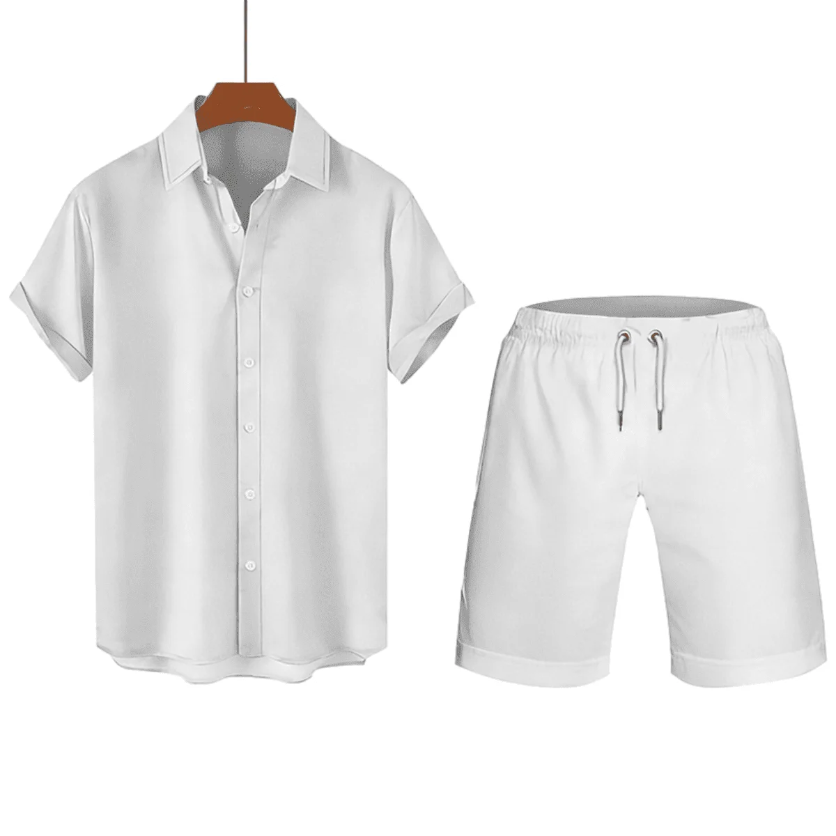 Mens White Short Sleeve Shirt And Shorts Set Casual Summer Outfit