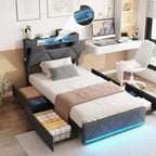 Twin Bed Frame with Storage Headboard and 4 Drawers,Upholstered Platform with Charging Station and Led Lights,Adjustable