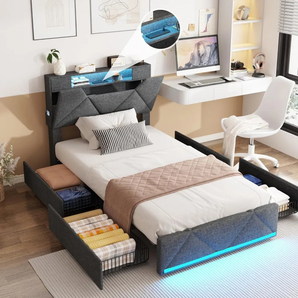 Twin Bed Frame with Storage Headboard and 4 Drawers,Upholstered Platform with Charging Station and Led Lights,Adjustable