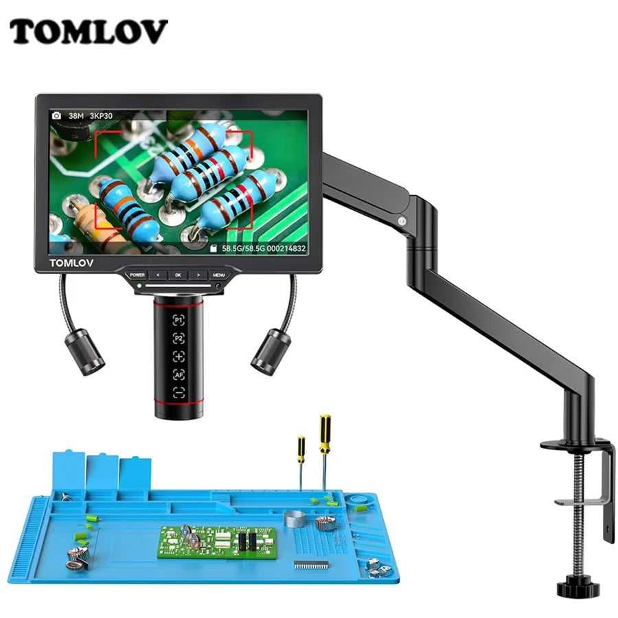 TOMLOV 3K Autofocus Digital Microscope 2000X TM3K-AF Max HDMI Electronics Microscopes for Soldering 10" IPS Display Dual Micro Scope Lens Flexible Arm For Phone Repair