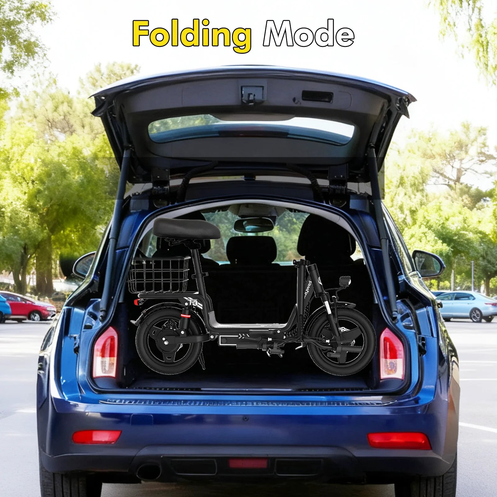 Bodywel T3 Folding Ebike - 48V 10Ah Electric Bike with Seat, 14 Inch Portable Escooter with rack & Rear Basket for Adults Urban