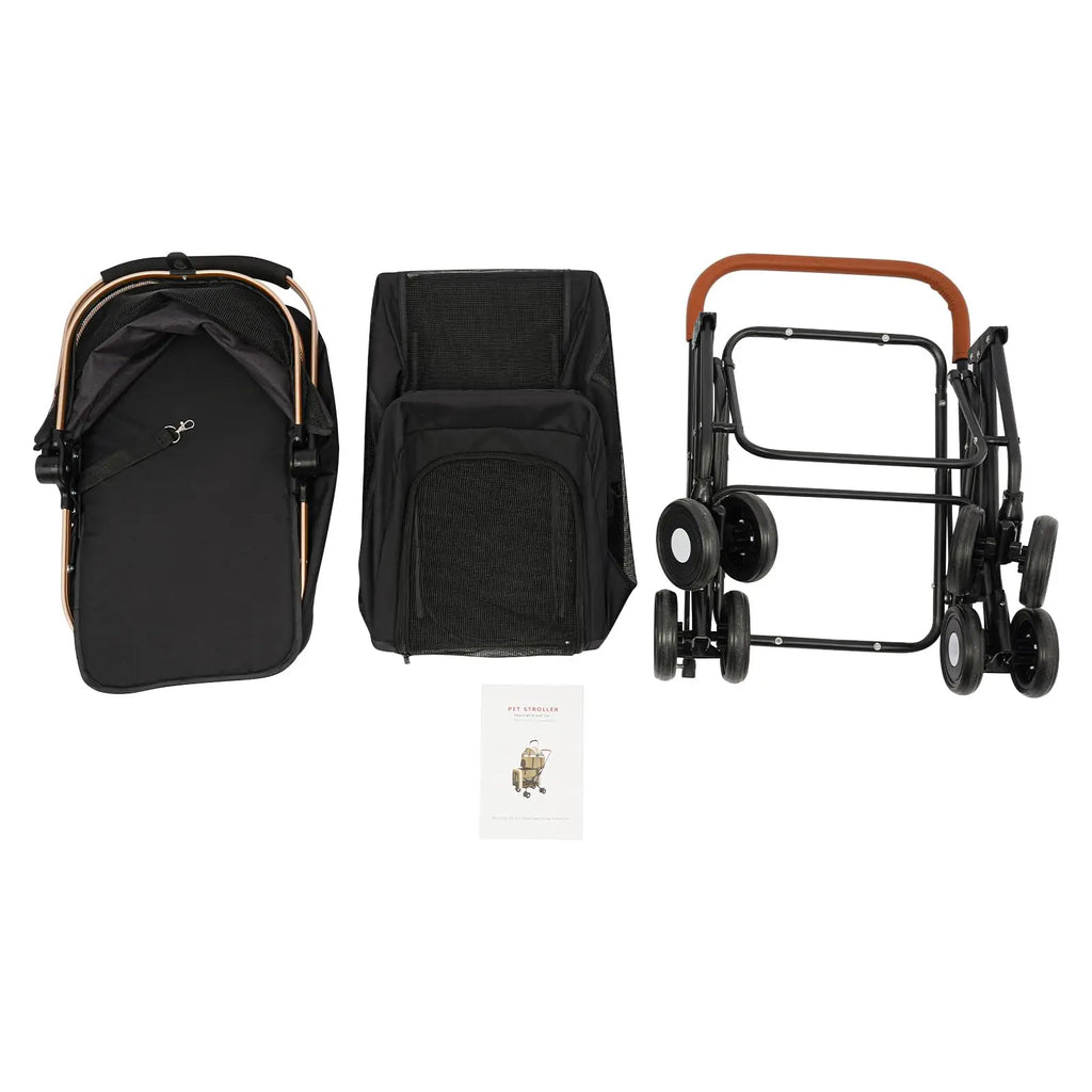 Black Two-Tier Dog and Cat Stroller, Foldable Stroller Dog Buggy Small Dogs, for Small and Medium-Sized Hu