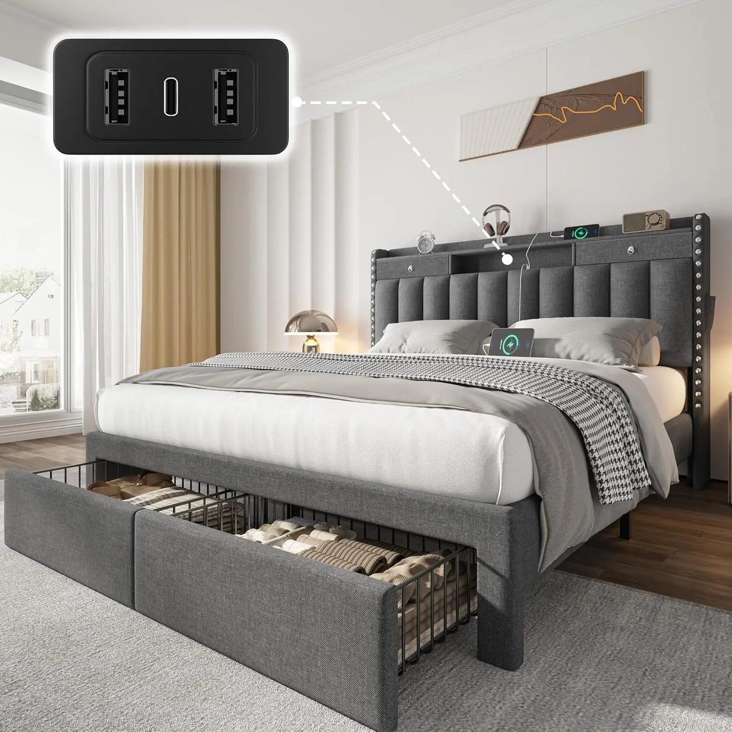 Full Upholstered Platform Bed Frame with Storage Headboard, USB & Type-C Charging Ports, 4 Drawers, Solid Wood, Customized
